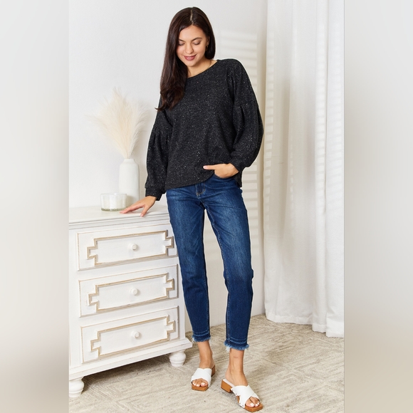 Jade By Jane Designer Black Full Size Boat Neck Glitter Long Sleeve Top - Picture 3 of 9